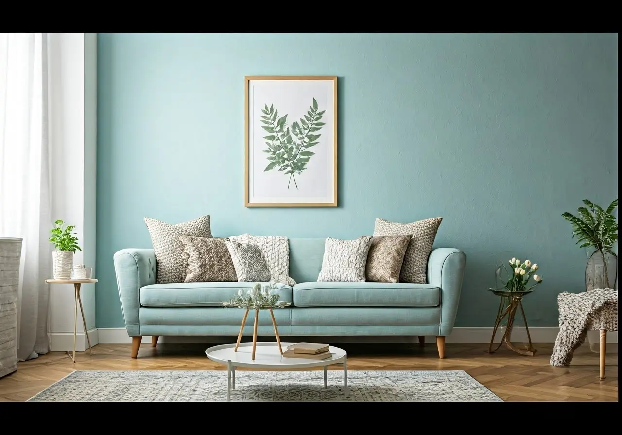 A peaceful living room with soft, calming decor elements. 35mm stock photo