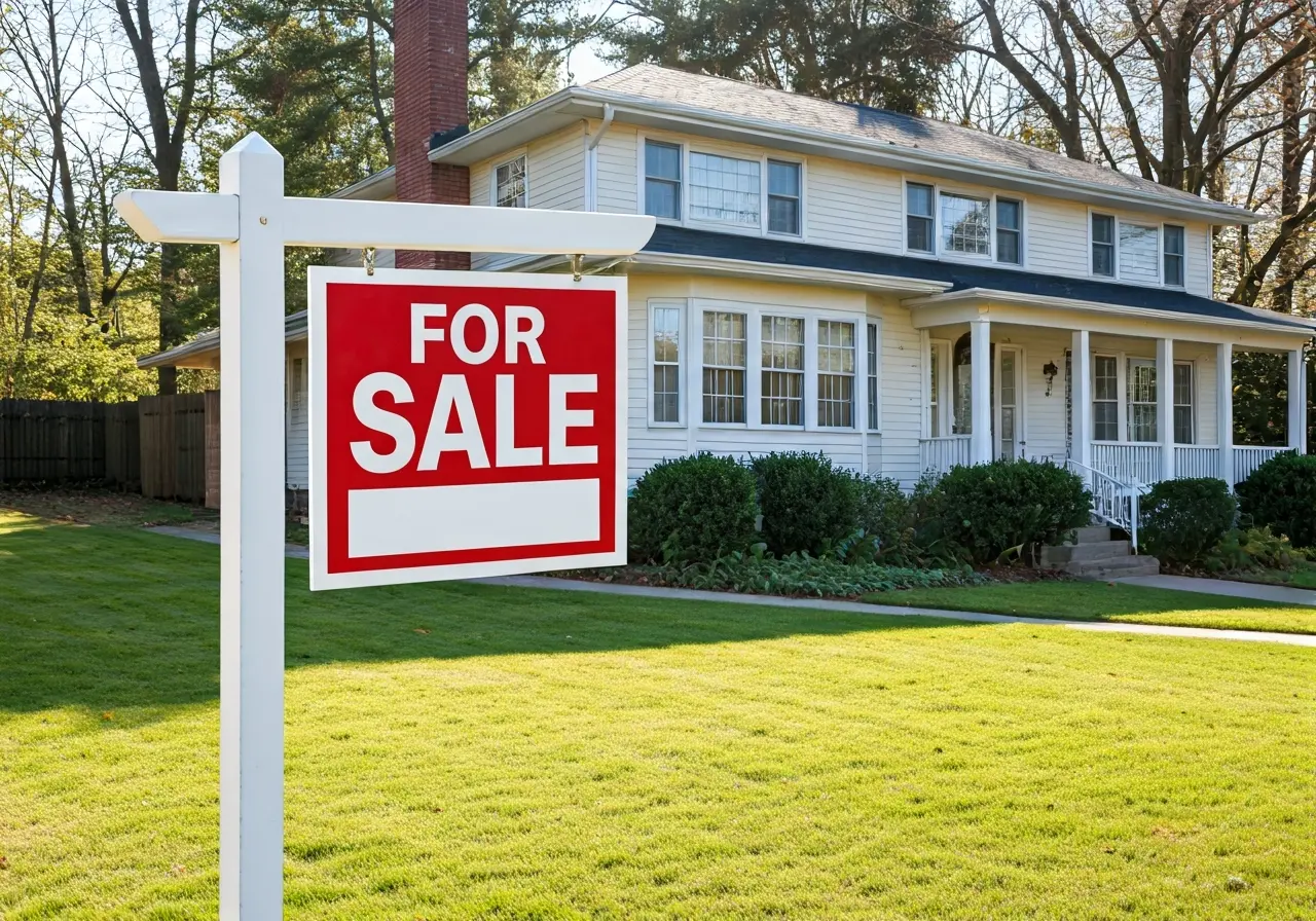 A For Sale sign in front of an unsold house. 35mm stock photo