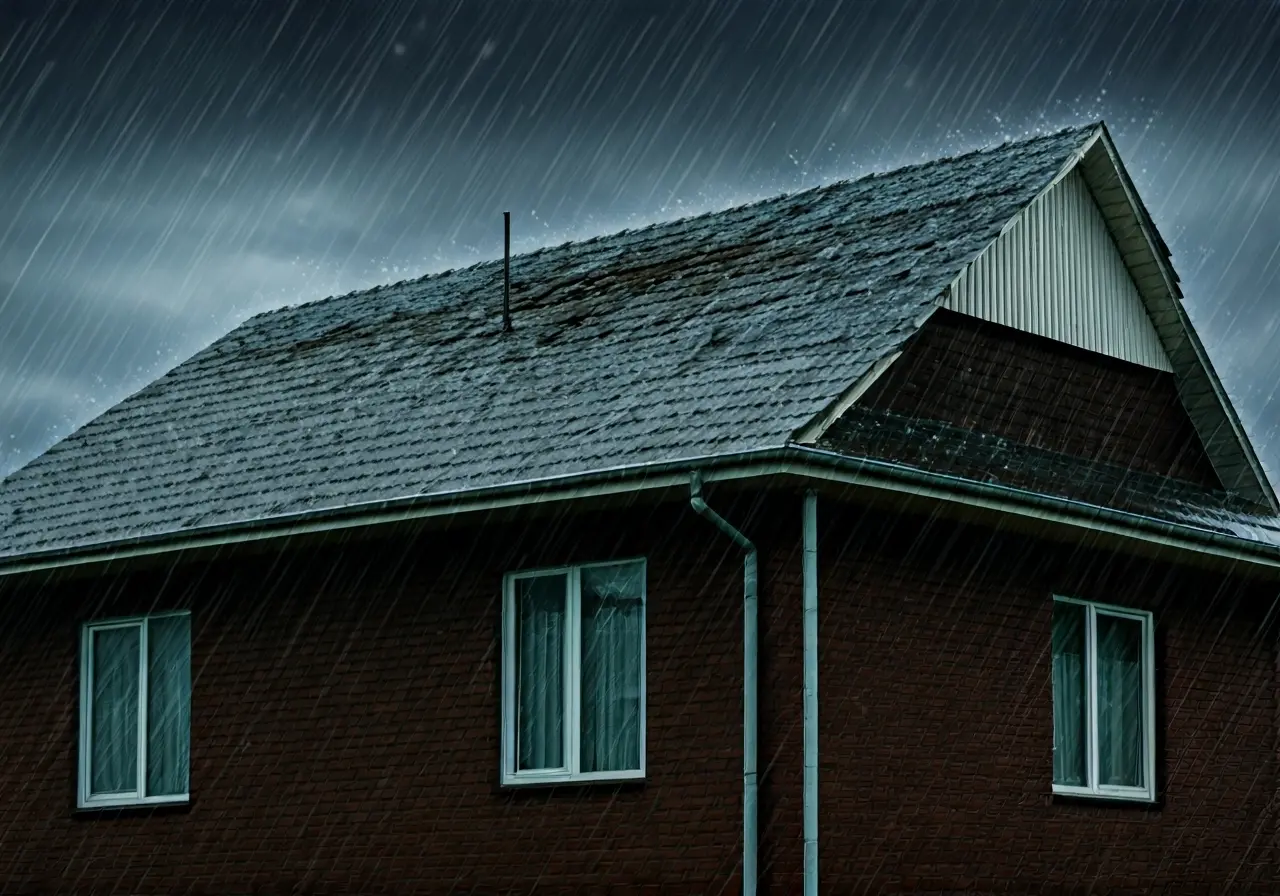 A house under heavy rain with a dry, well-protected roof. 35mm stock photo