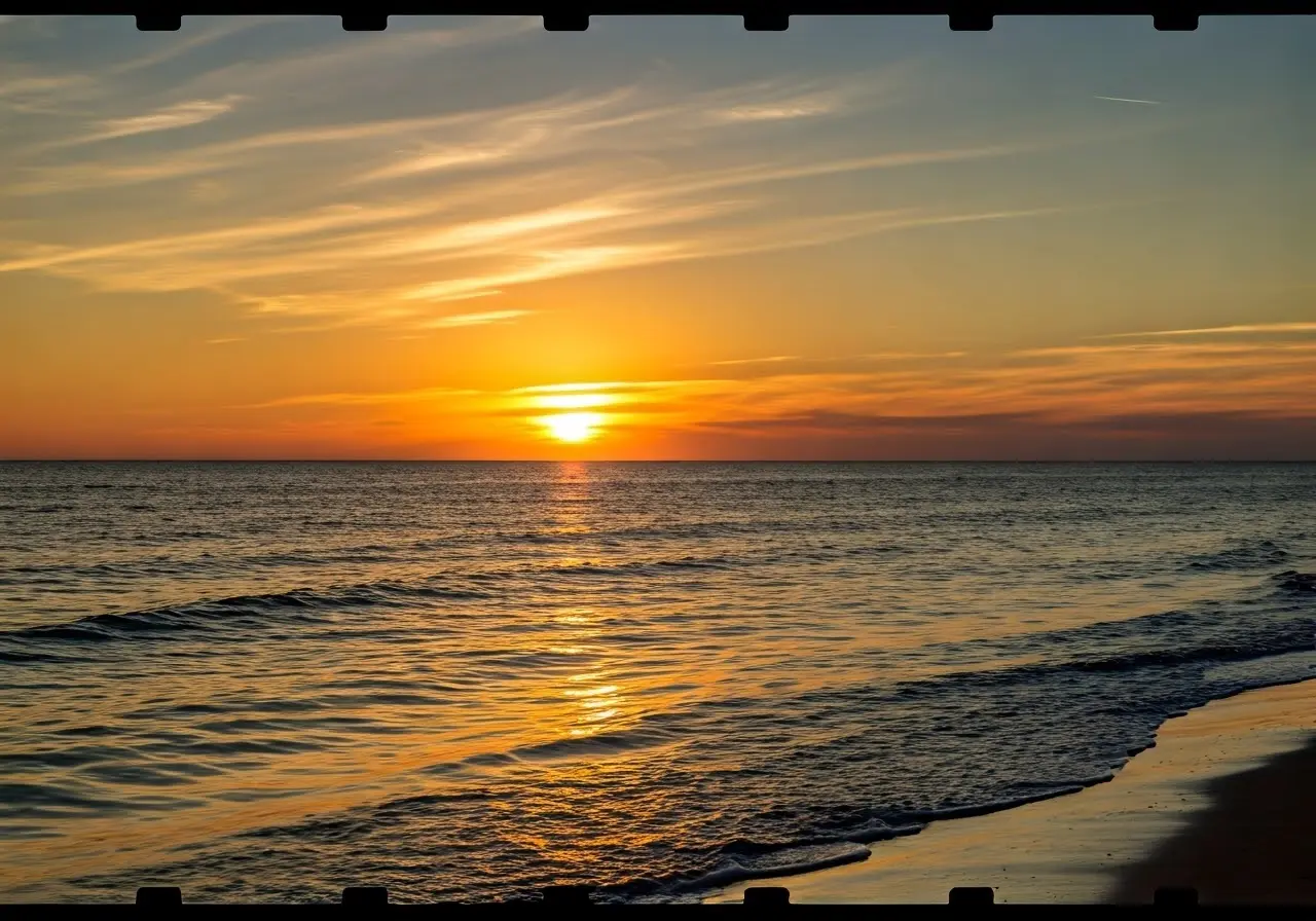 A serene beach sunset symbolizing peace and togetherness. 35mm stock photo