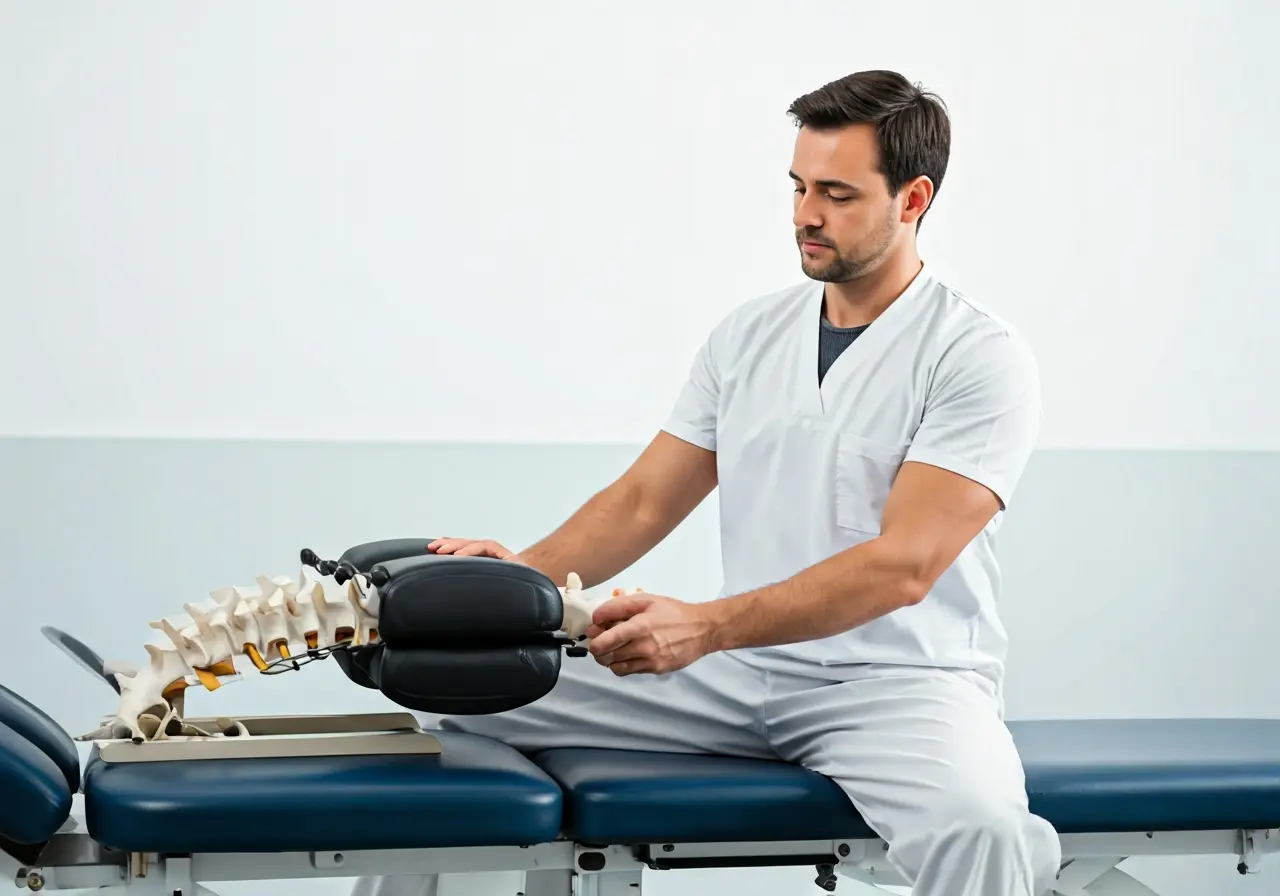 An image of a chiropractor performing spinal decompression therapy. 35mm stock photo