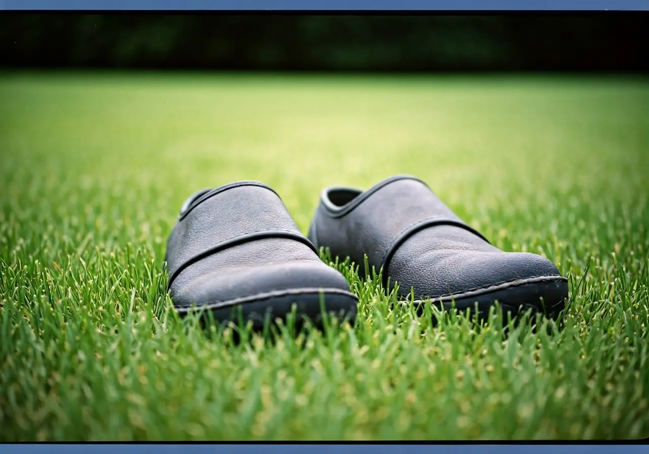 A pair of earthing shoes on a lush green lawn. 35mm stock photo