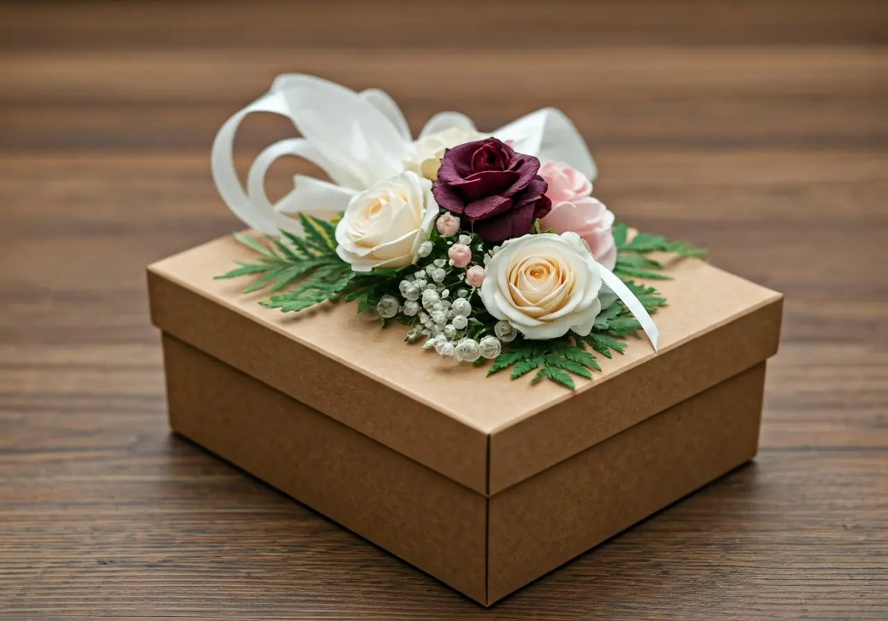 A beautifully wrapped gift box with elegant wedding-themed decorations. 35mm stock photo