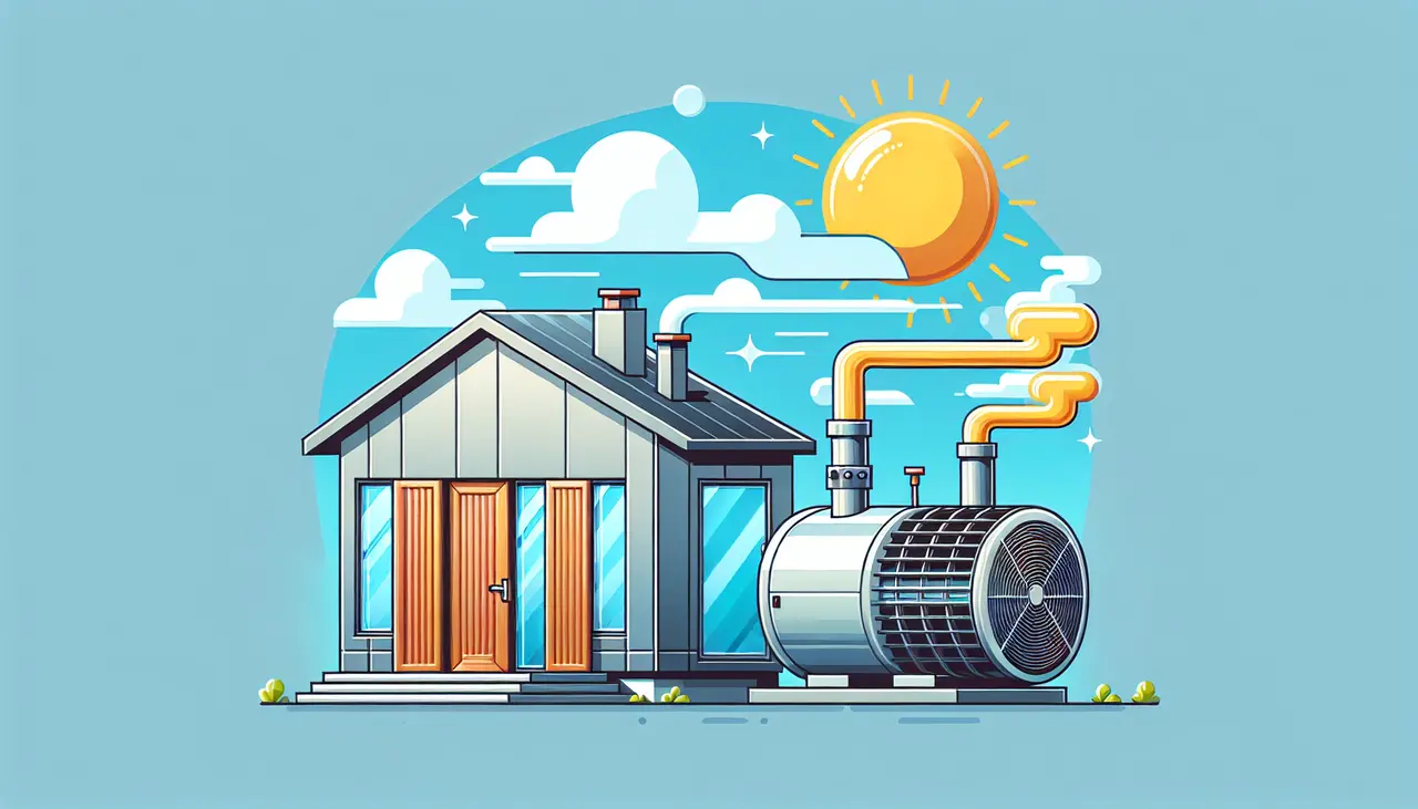 Draw a graphic in flat design style. Illustration of a modern house with a large, visible heat pump outside, emitting stylized waves representing efficient heating and cooling, under a clear blue sky.