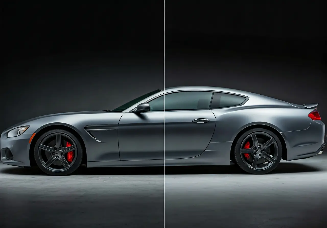 A side-by-side comparison of car wraps and traditional paint. 35mm stock photo