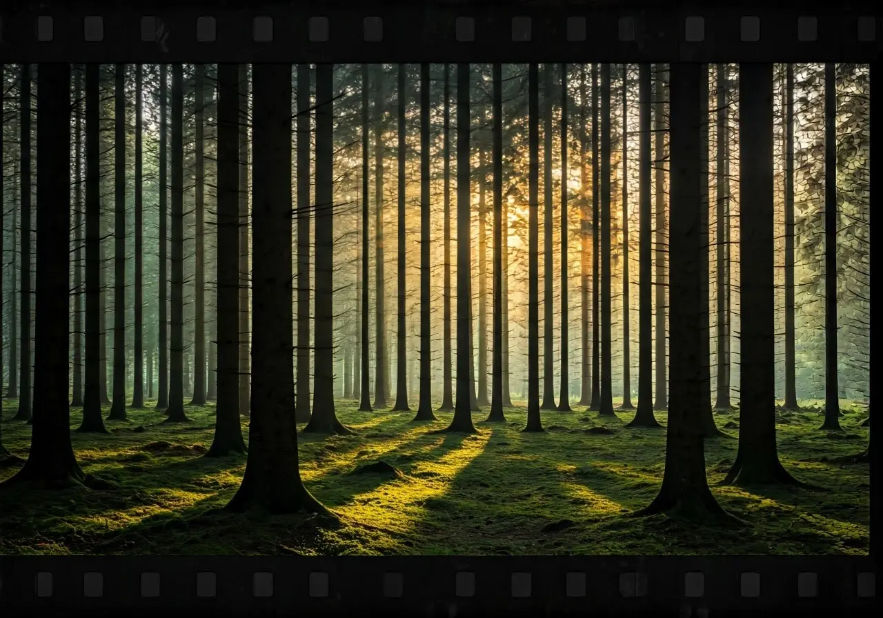 A serene forest with sunlight filtering through the trees. 35mm stock photo