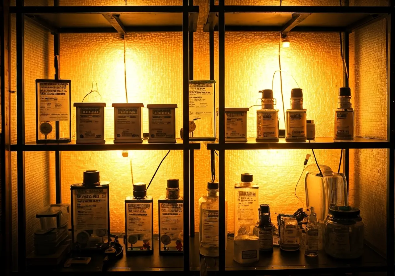 A variety of indoor cannabis cultivation equipment displayed on shelves. 35mm stock photo