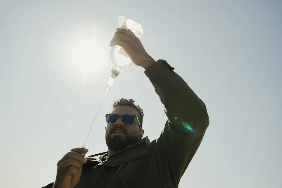 A man wearing sunglasses holds an IV bag outdoors under a clear sky, backlit by the sun.