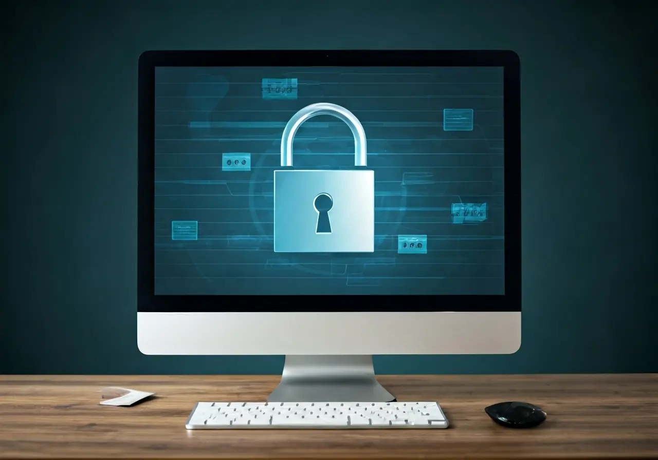A computer with a padlock symbol on the screen. 35mm stock photo