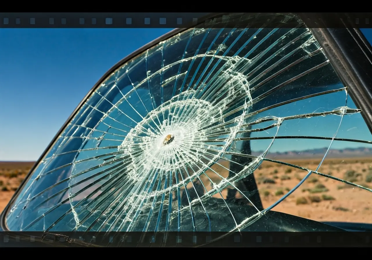 A close-up of a cracked windshield against a desert background. 35mm stock photo