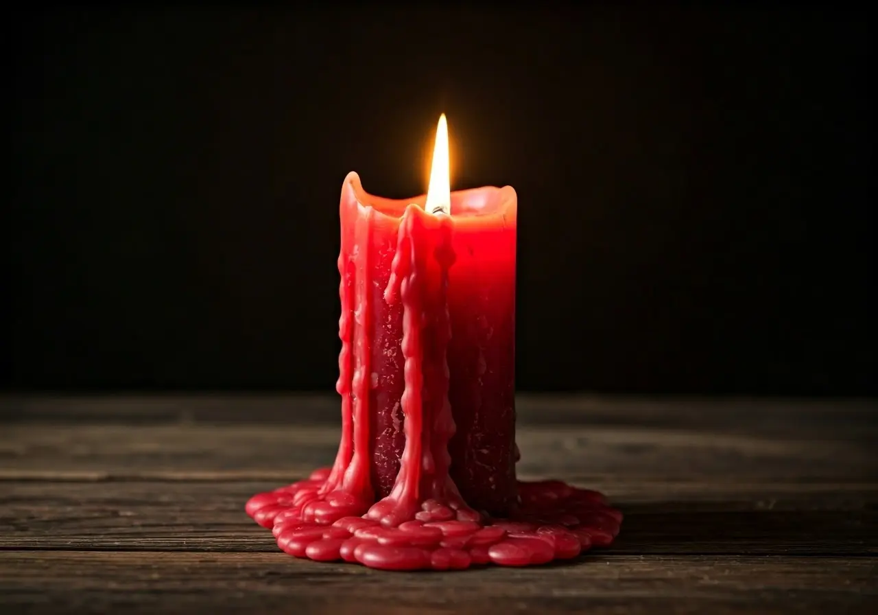 A melting red candle with mystical symbols in background. 35mm stock photo