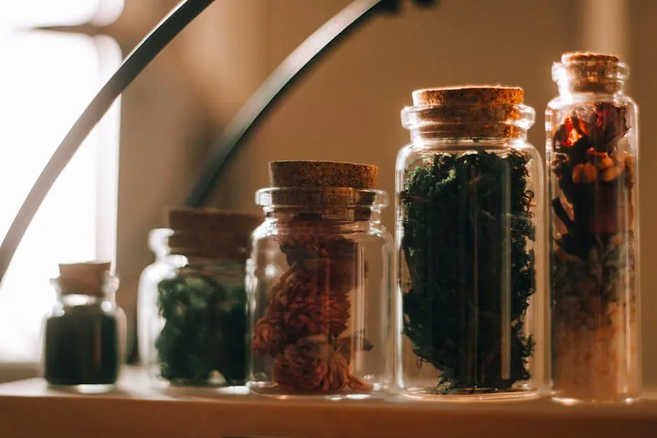 Beautiful glass jars filled with various herbs arranged in warm natural light.