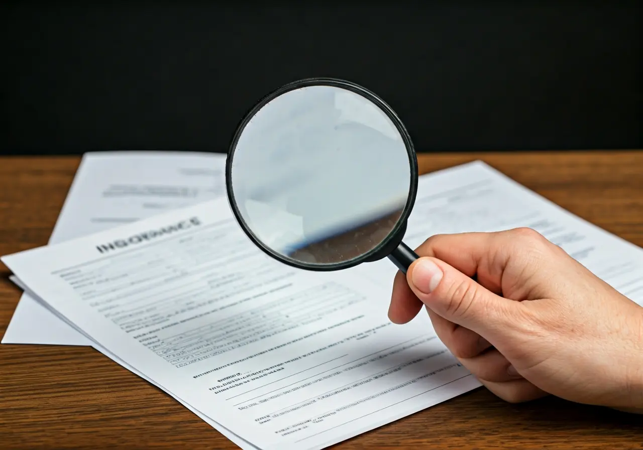A hand holding a magnifying glass over insurance papers. 35mm stock photo