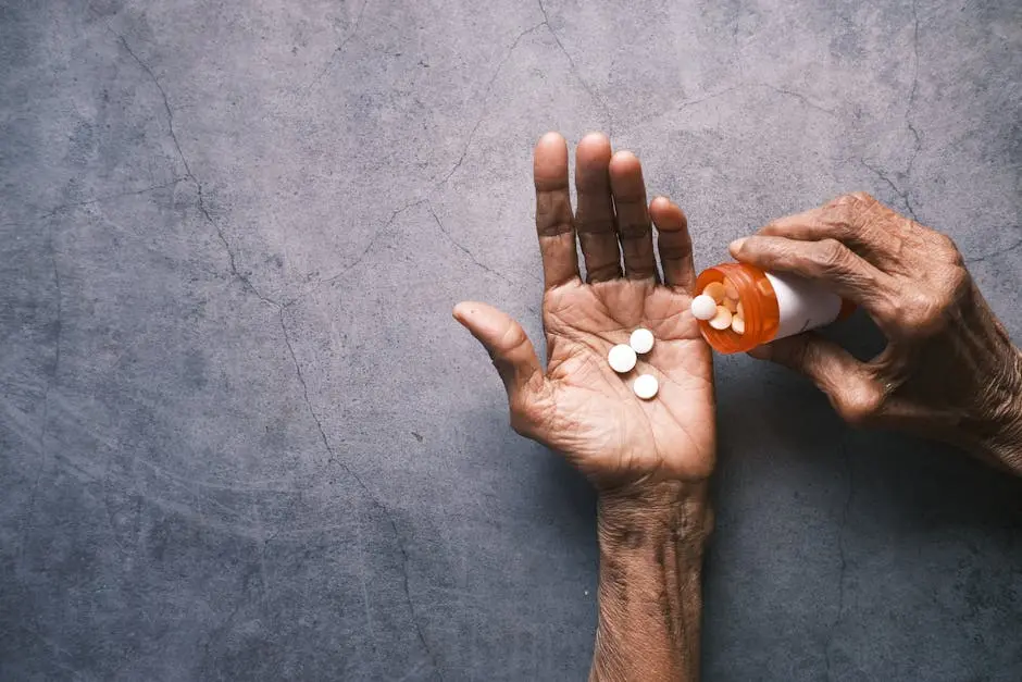 Elderly person’s hand pouring pills from a bottle, offering ample copy space.