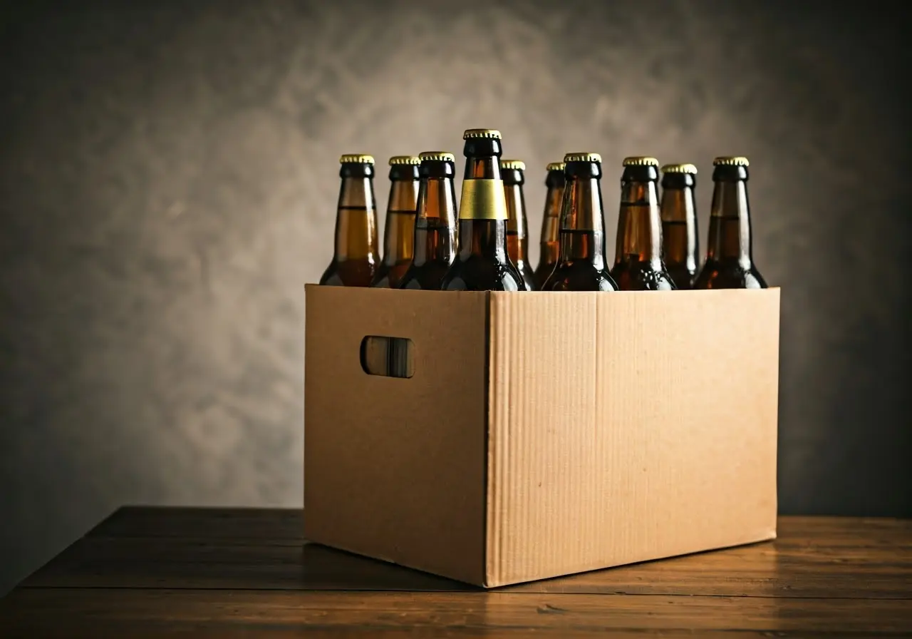 A box of assorted non-alcoholic beer bottles on a table. 35mm stock photo