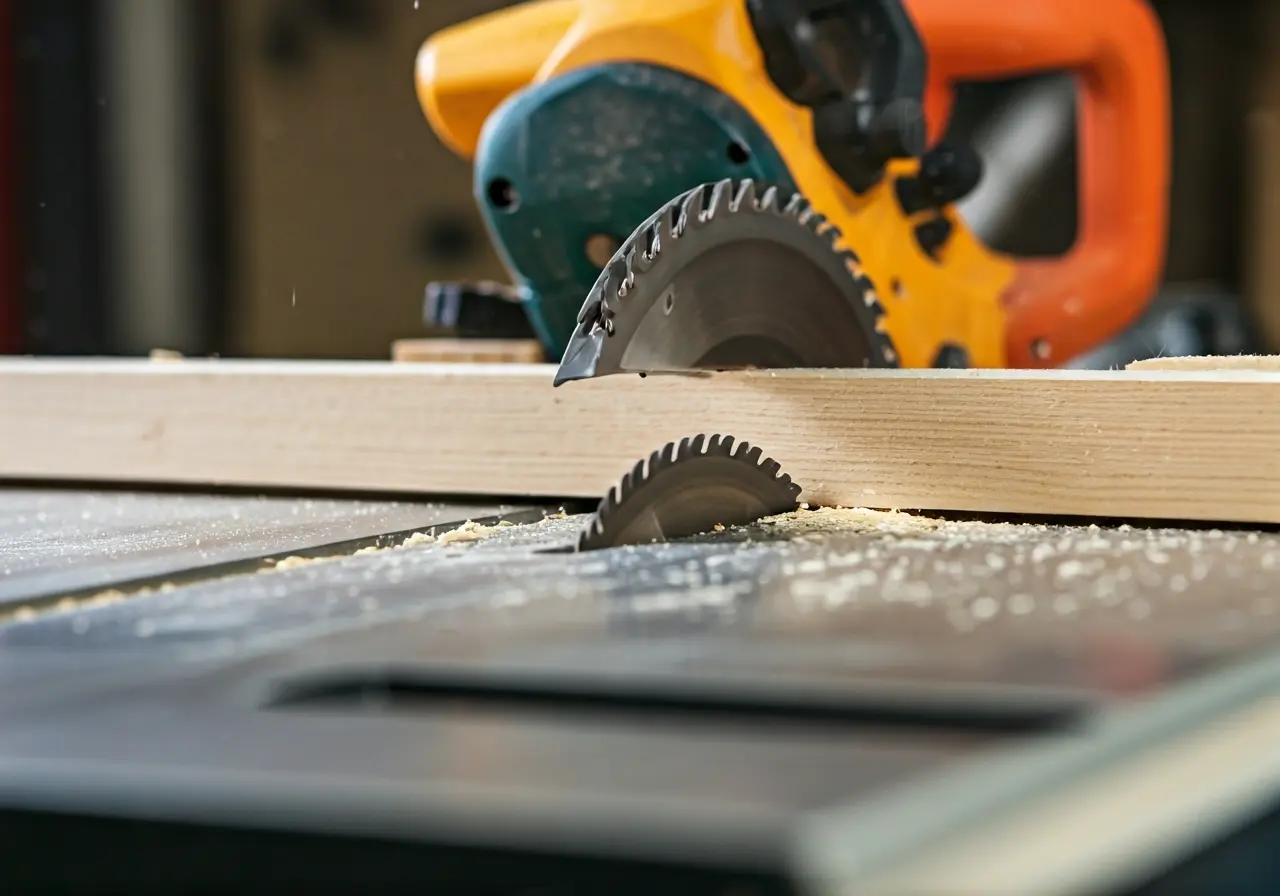 A close-up of a table saw cutting through wood. 35mm stock photo