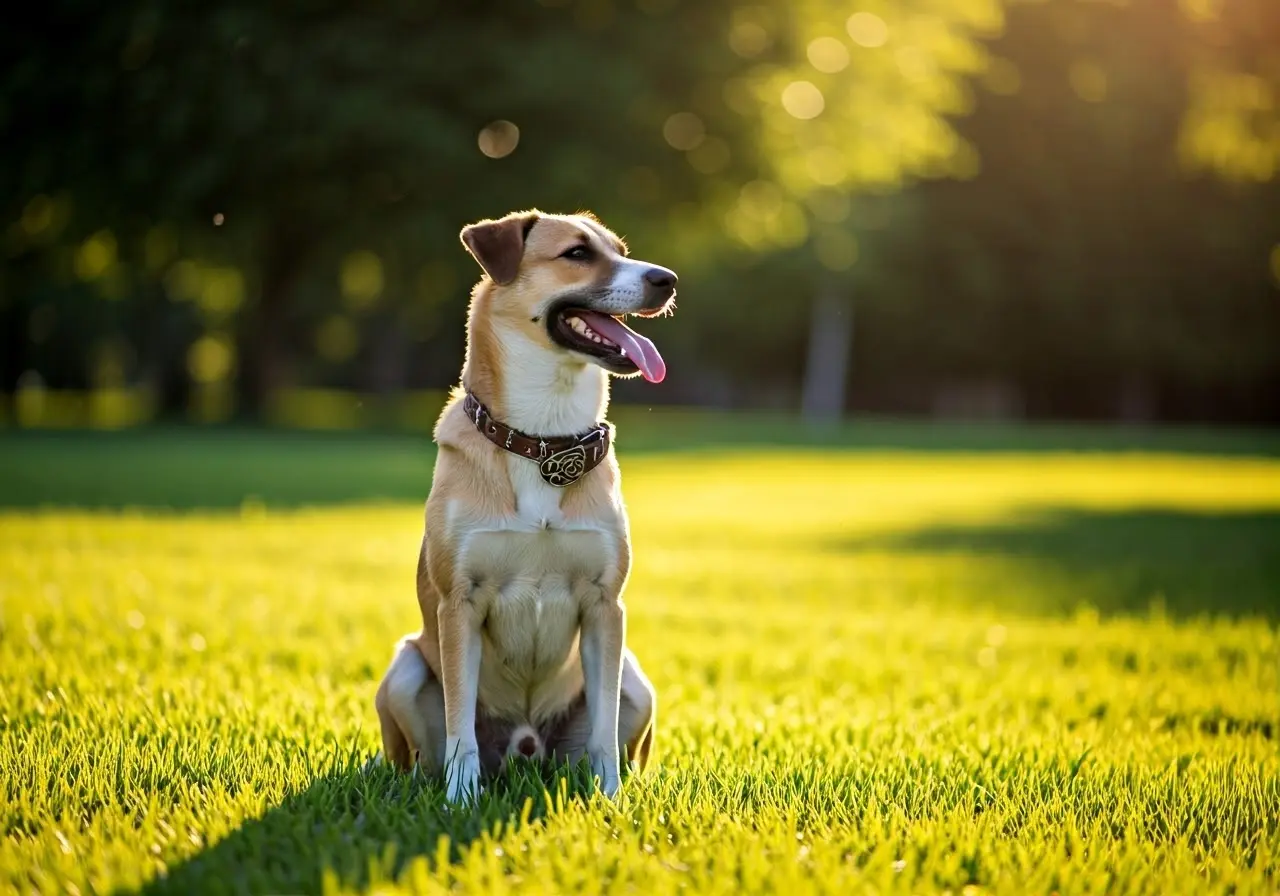 A happy dog sitting attentively in a sunny park. 35mm stock photo
