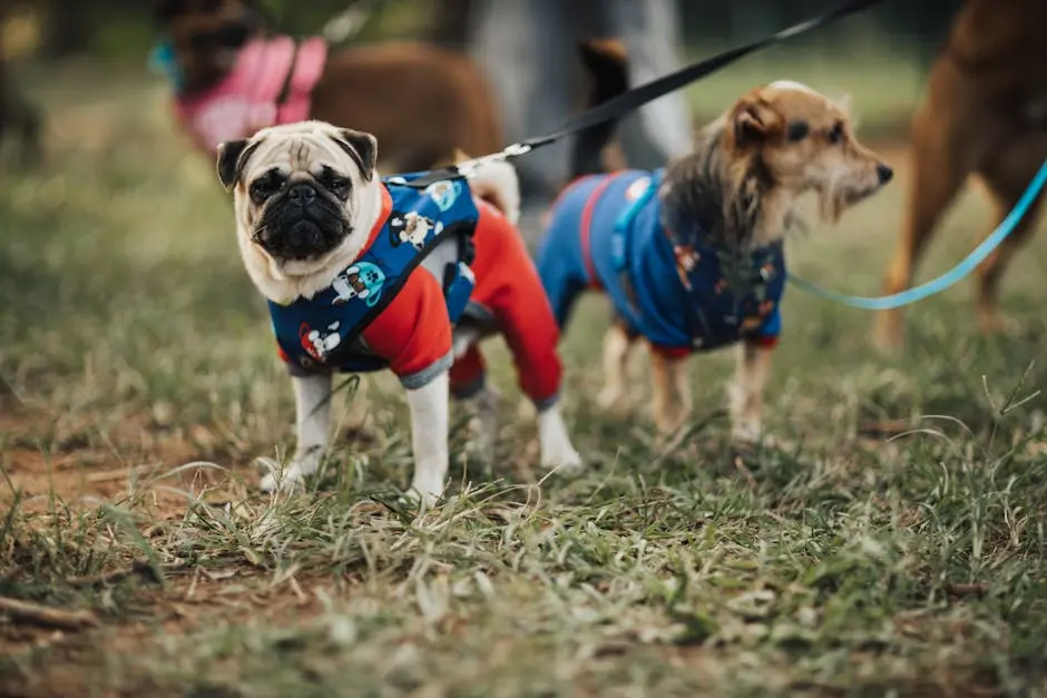Adorable pug and Yorkshire terrier in colorful outfits enjoying a day outdoors.