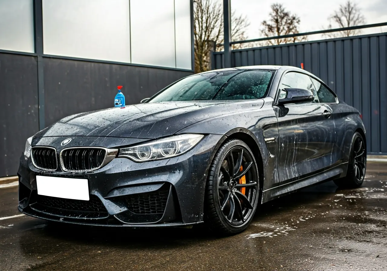 A sleek car being washed with Autoglym shampoo outdoors. 35mm stock photo