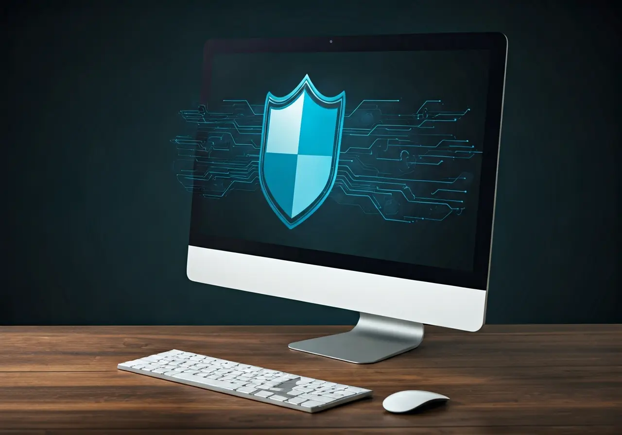 A computer with a shield icon symbolizing cybersecurity protection. 35mm stock photo