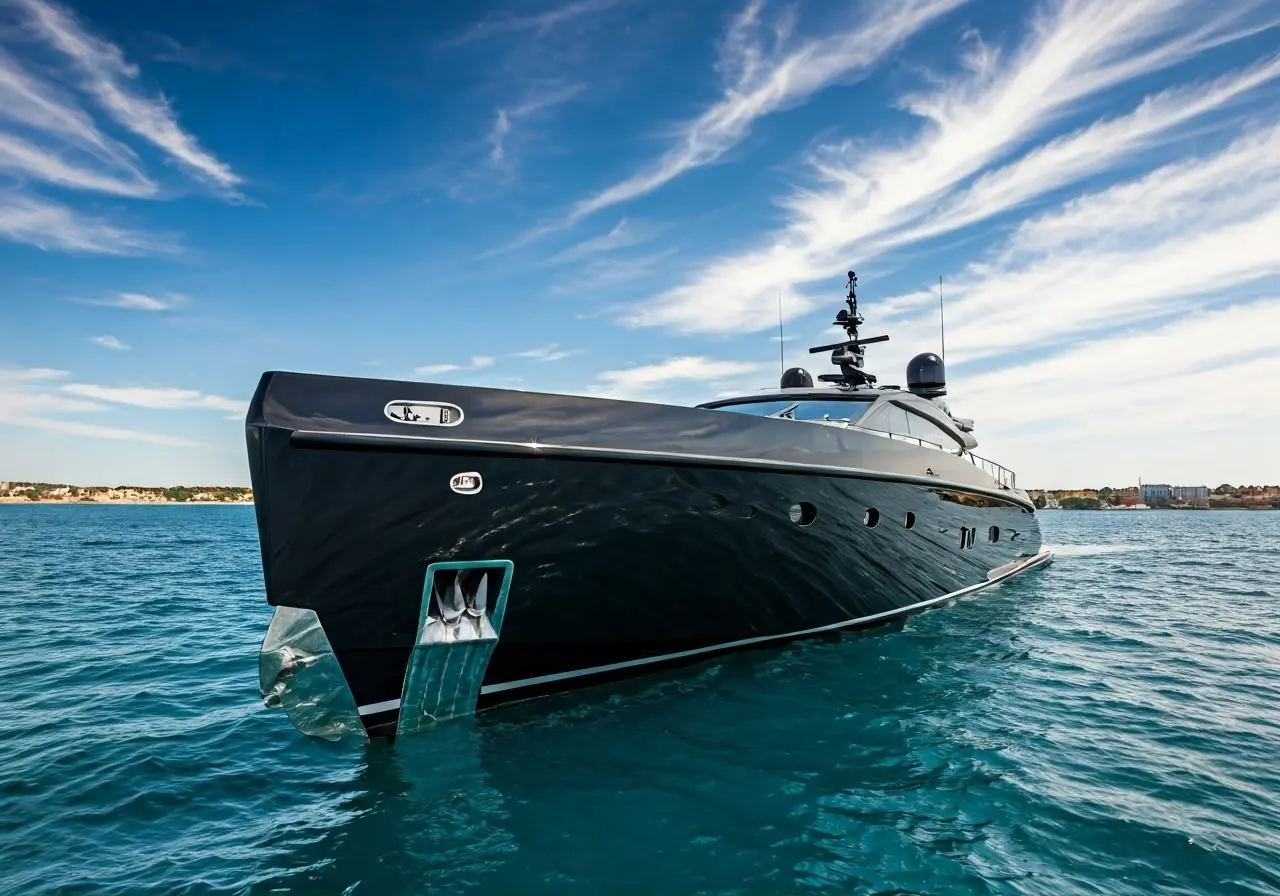 A sleek yacht with high-end marine audio equipment installed. 35mm stock photo