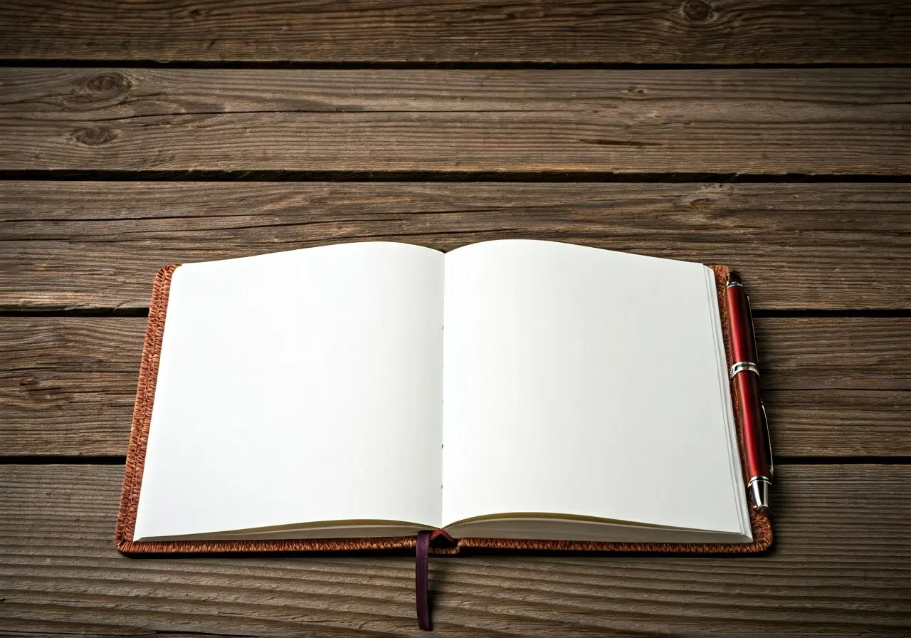 Open journal and pen on rustic wooden desk. 35mm stock photo