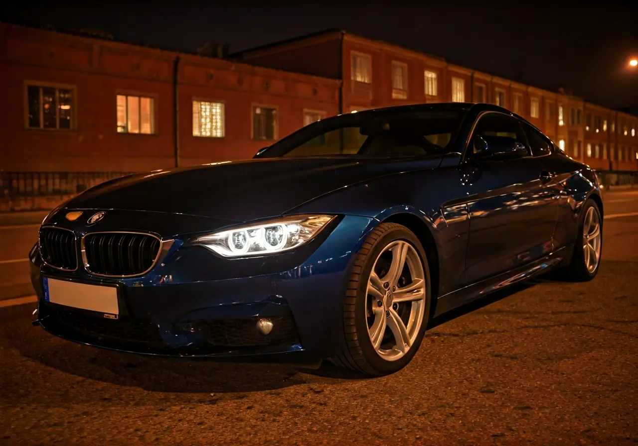 A shiny car with a reflection of city lights. 35mm stock photo