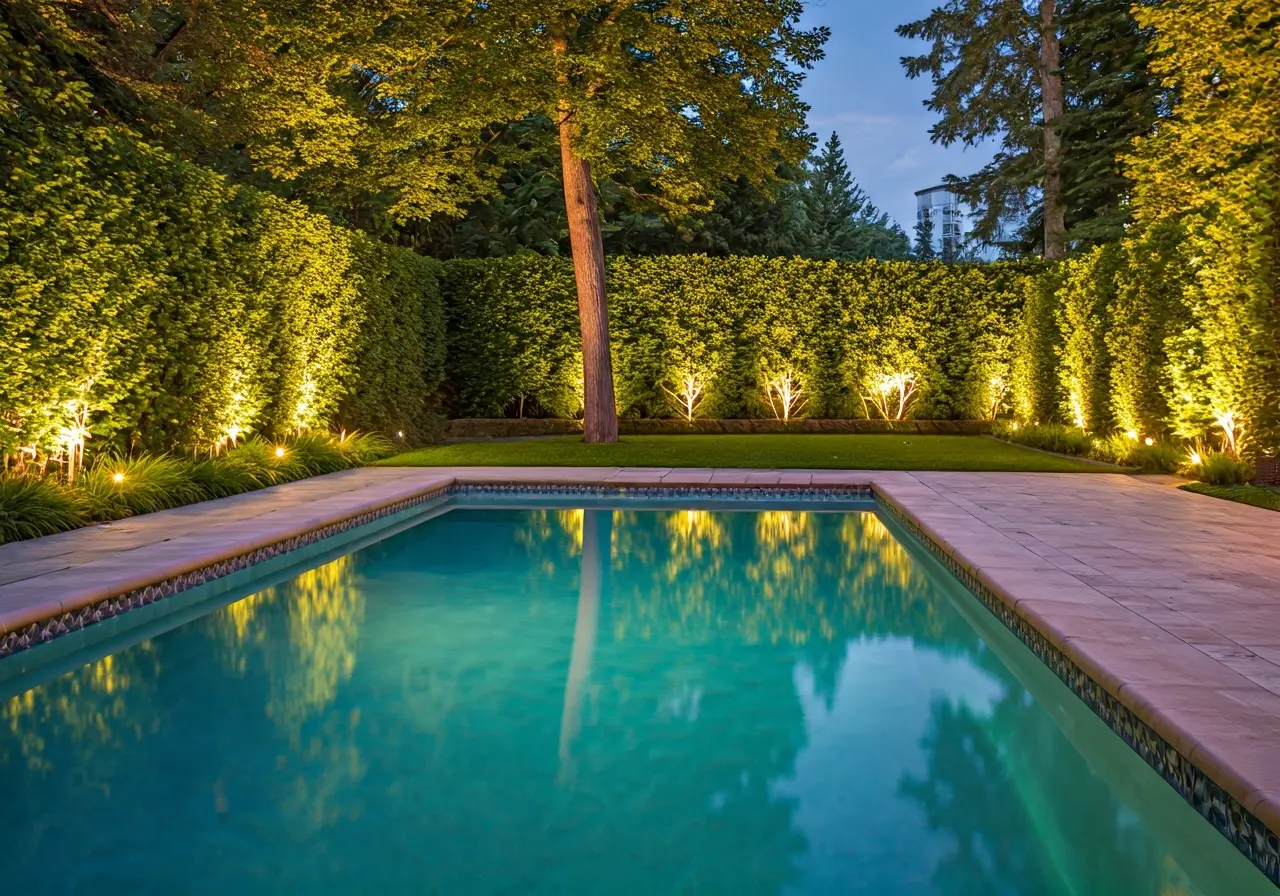 A modern pool area with elegant landscaping and ambient lighting. 35mm stock photo