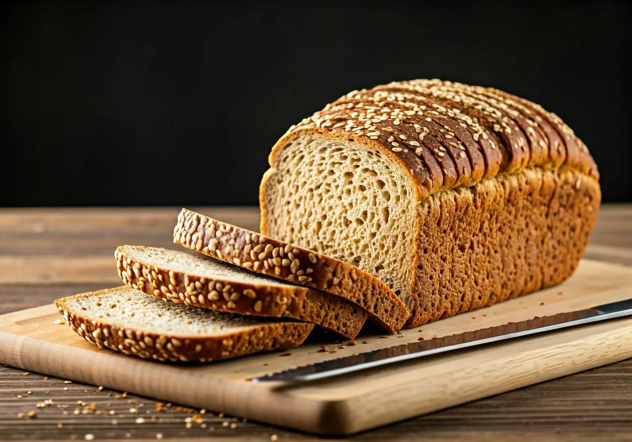 A sliced loaf of low carb bread on a wooden board. 35mm stock photo