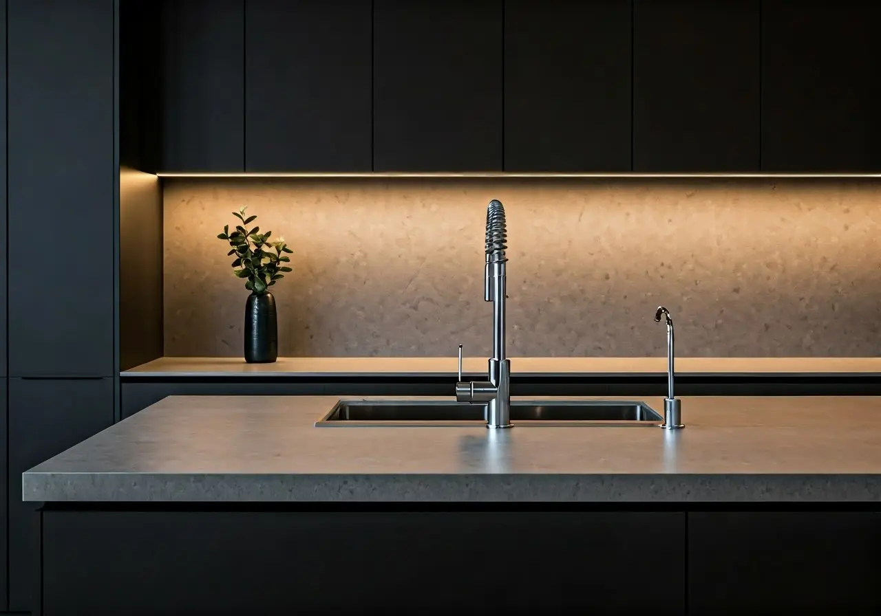 A modern kitchen transformed with sleek countertops and ambient lighting. 35mm stock photo