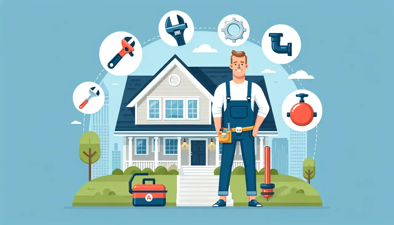 Draw a graphic in flat design style. Illustration of a cozy Atlanta home surrounded by icons of plumbing tools like a wrench, pipe, and plunger, with a friendly plumber character standing nearby.