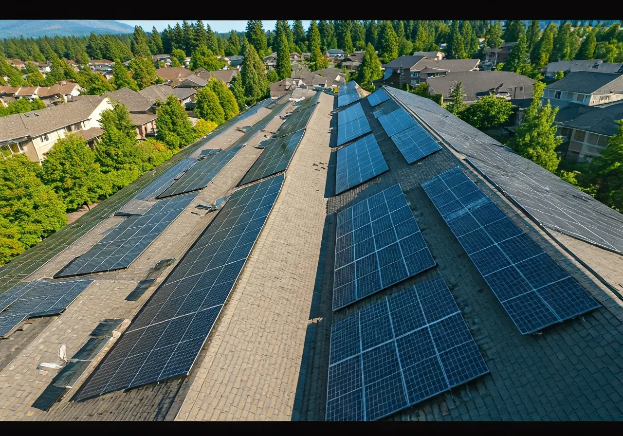 Aerial view of solar panels on roofs in suburban Redmond. 35mm stock photo