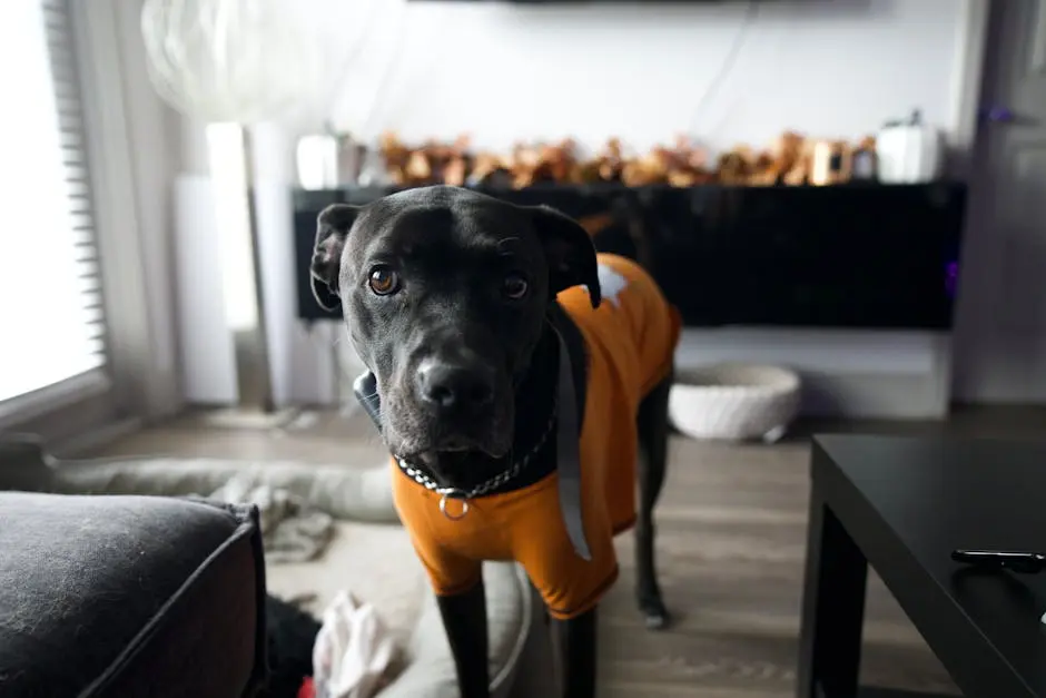 A cute black dog wearing an orange sweater standing indoors, showcasing a cozy domestic setting.