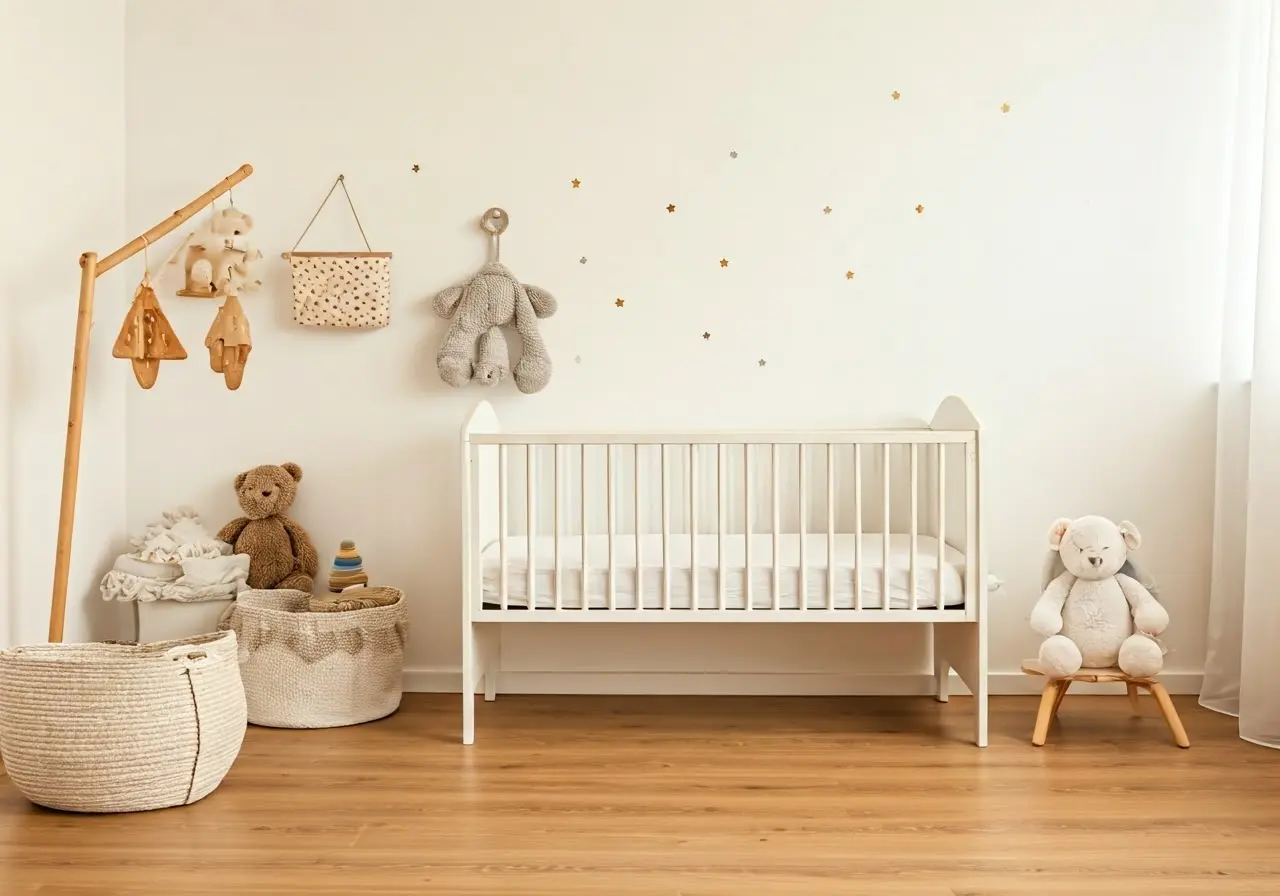 A cozy nursery with soft toys and baby-proofed furniture. 35mm stock photo