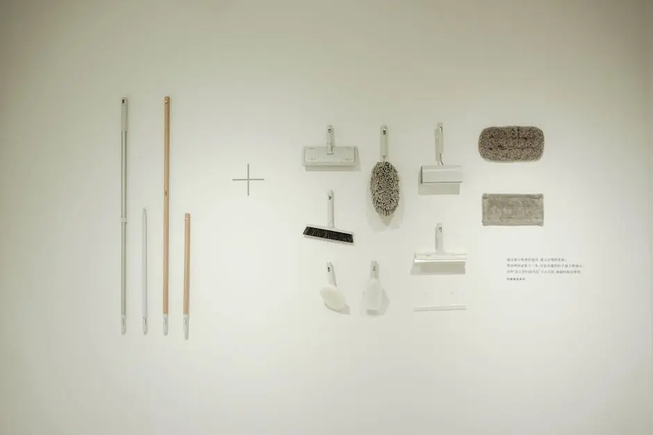A minimalist flat lay of various cleaning tools arranged on a white wall, showcasing a modern concept.