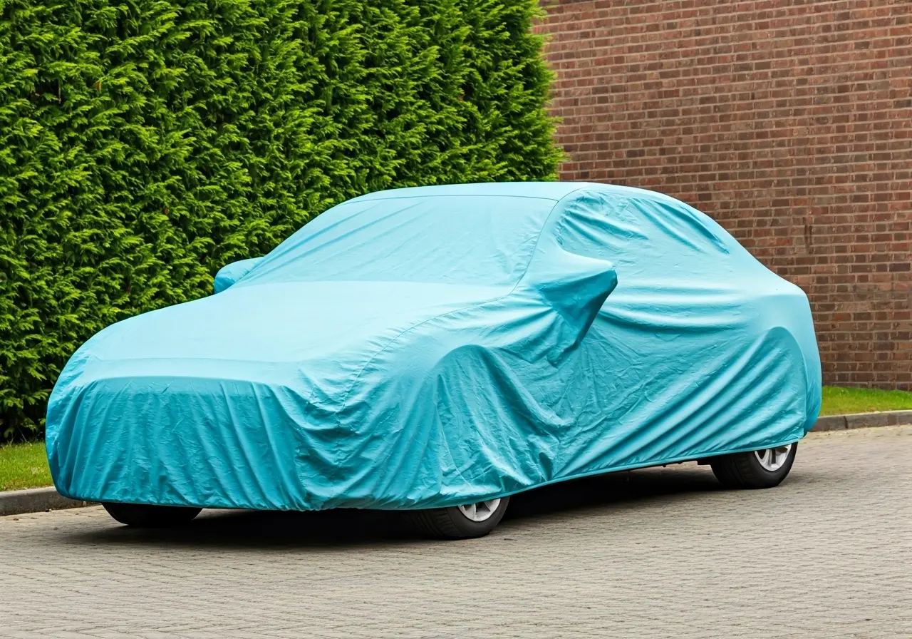 A parked car under a protective cover on a driveway. 35mm stock photo