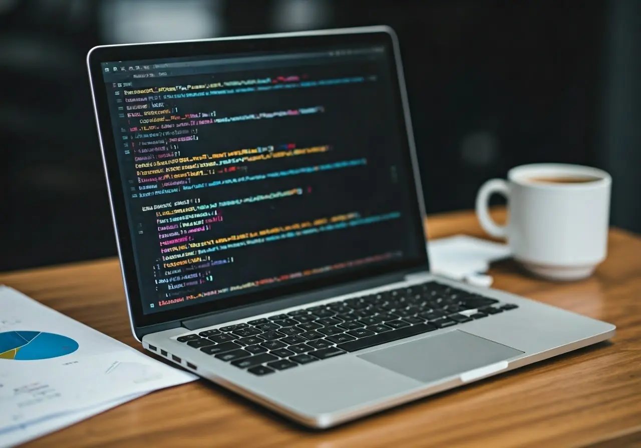 A laptop displaying code with budget charts beside it. 35mm stock photo