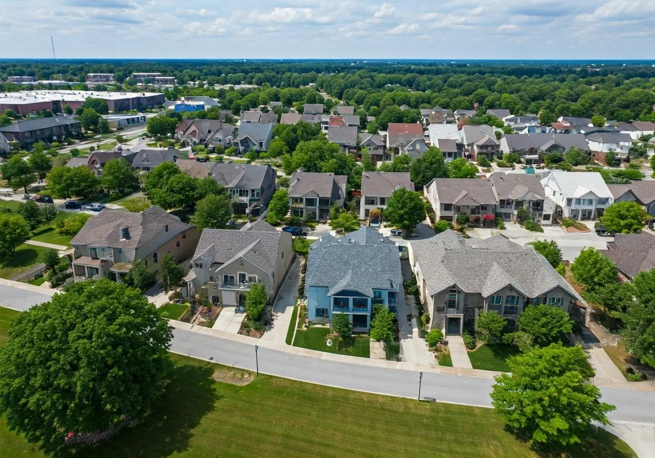 Aerial view of Bentonville with charming short-term rental properties. 35mm stock photo