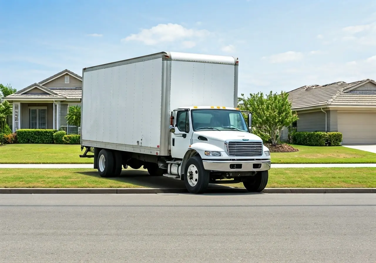 A moving truck parked in front of a suburban house. 35mm stock photo