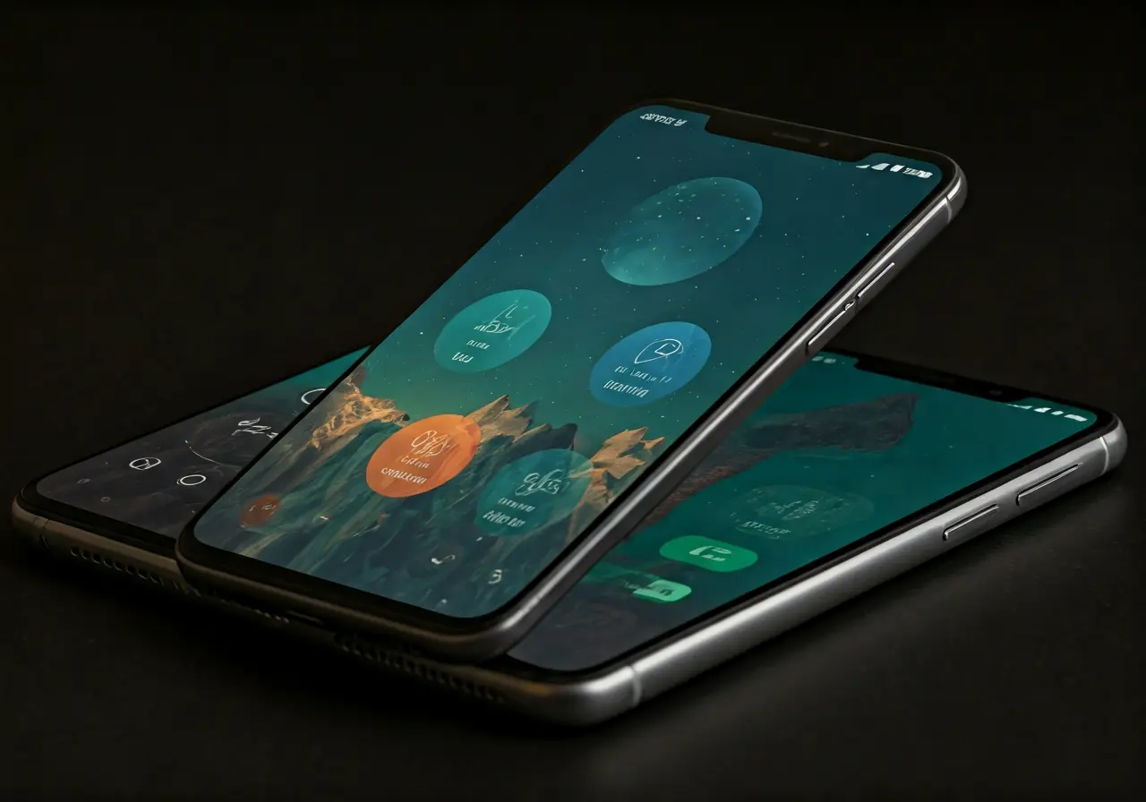 A smartphone displaying various colorful user interface screens. 35mm stock photo