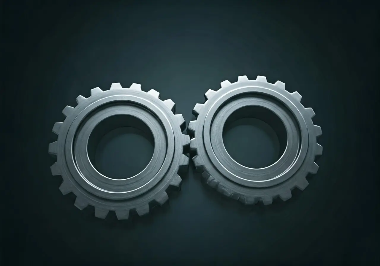 Two intersecting gears symbolizing IT consulting and managed services. 35mm stock photo