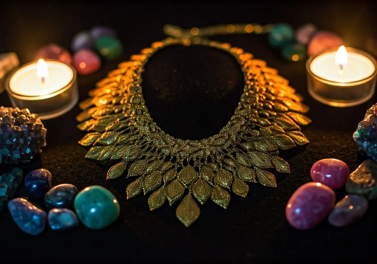 A radiant golden necklace surrounded by colorful crystals and candles. 35mm stock photo
