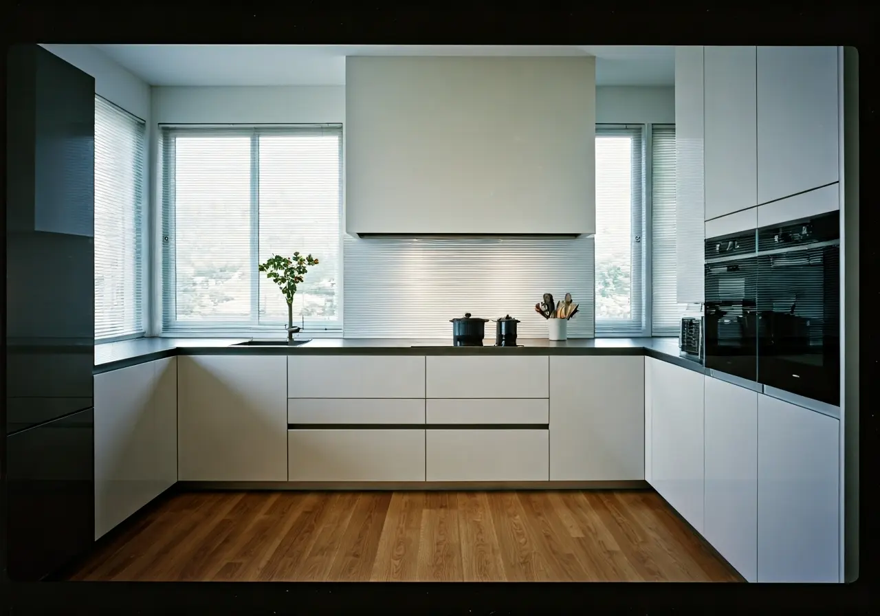 A modern kitchen with sleek, minimalist fixtures and natural lighting. 35mm stock photo