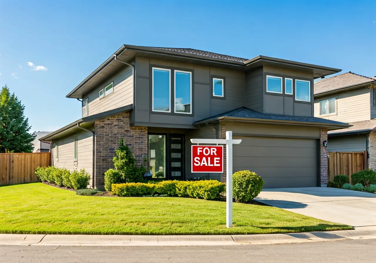 A modern house with a For Sale sign outside. 35mm stock photo