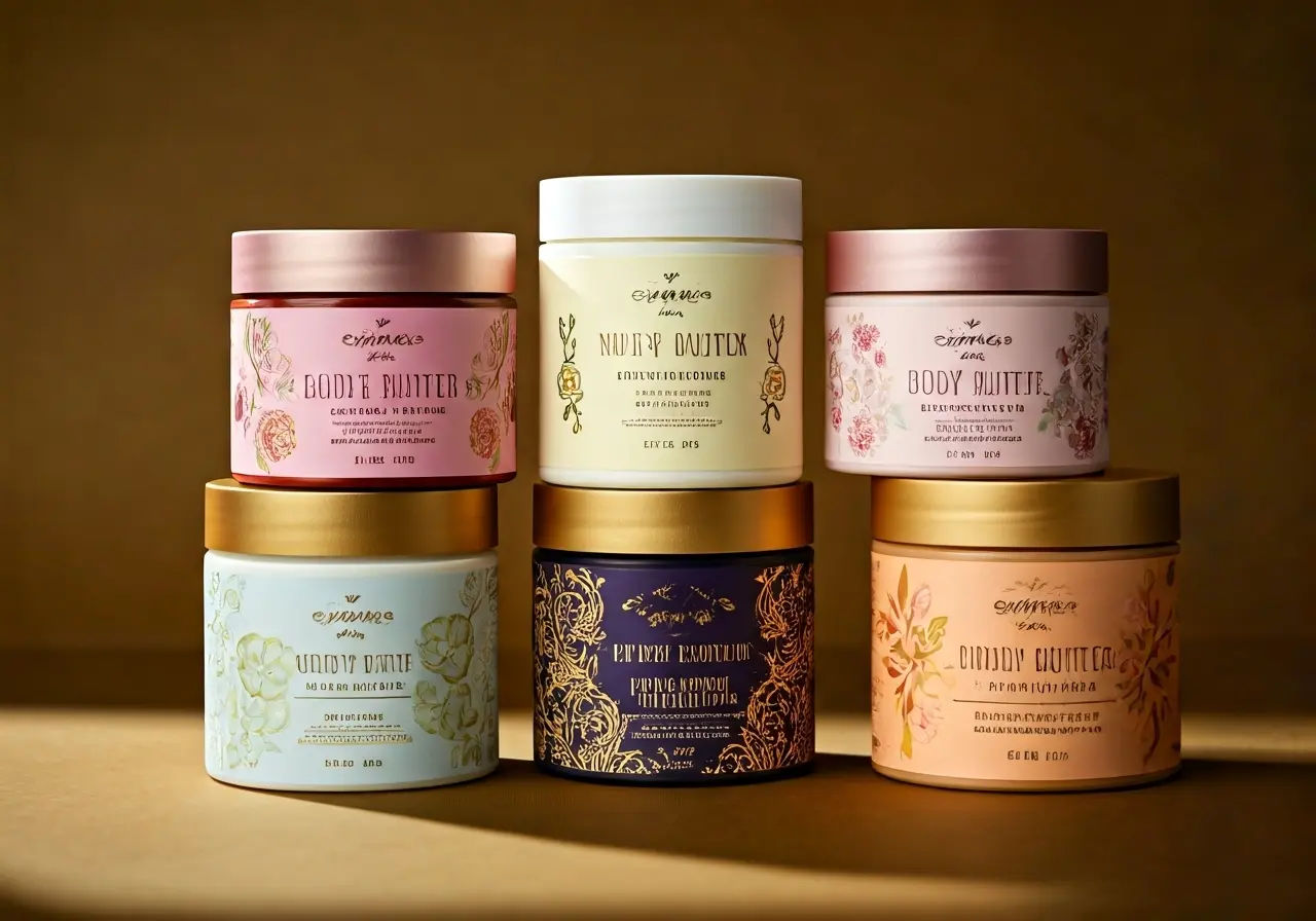 A variety of body butters in vibrant, elegant packaging. 35mm stock photo