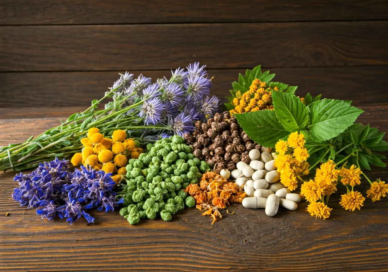 A variety of medicinal herbs displayed on a wooden table. 35mm stock photo