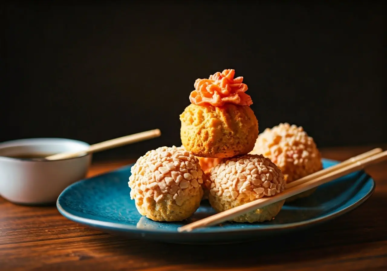 A vibrant dessert display featuring Asian fusion sweet treats. 35mm stock photo