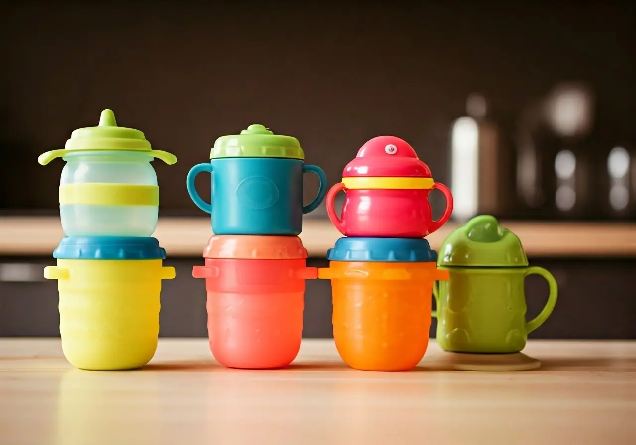 A colorful assortment of baby cups on a kitchen counter. 35mm stock photo
