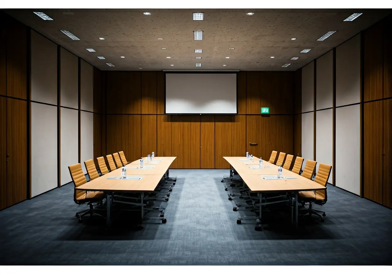 A sleek conference room featuring advanced audiovisual equipment. 35mm stock photo