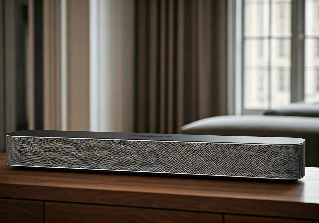 A sleek Bose Soundbar 700 in a modern living room. 35mm stock photo